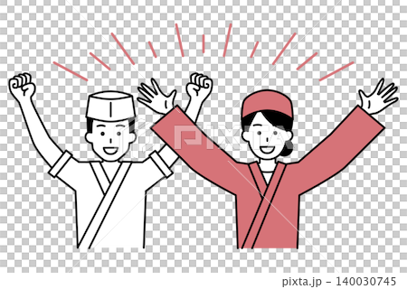 A male and female employee of a Japanese restaurant cheers with a "Banzai!" A male and female employee of a Japanese restaurant cheers with a "Banzai!" 140030745