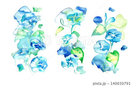 水彩画。水彩タッチの夏の朝顔イラスト。水彩の夏ベクターイラスト。朝顔の和柄。 140030791