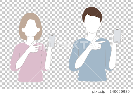Woman and man pointing at smartphones (set) Woman and man pointing at smartphones (set) 140030989