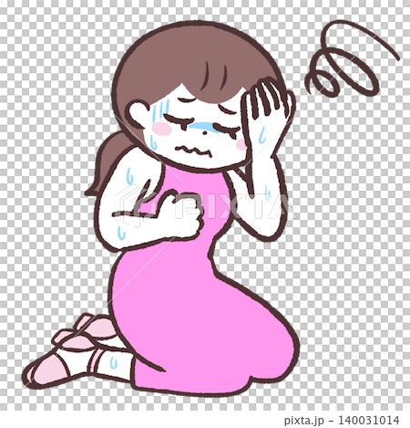 一幅描繪一位滿身是汗的女子坐著的插圖。 140031014
