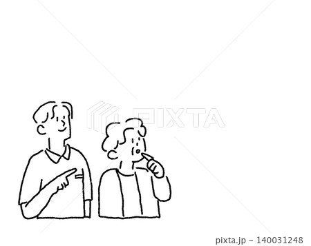 介護士（看護師）に説明を受けながら考える高齢女性の人物イラスト、線画 140031248