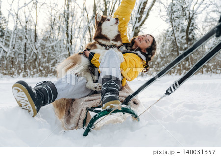 Young woman in yellow jacket joyfully playing with a Siberian Husky while sitting on a sled in a snowy landscape surrounded by trees during winter fun Young woman in yellow jacket joyfully playing with a Siberian Husky while sitting on a sled in a snowy landscape surrounded by trees during winter fun 140031357