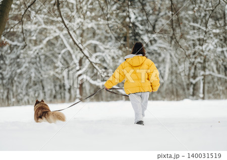 Child wearing a bright yellow puffer jacket walks a fluffy dog on a leash through a snowy landscape with trees in the background during winter Child wearing a bright yellow puffer jacket walks a fluffy dog on a leash through a snowy landscape with trees in the background during winter 140031519