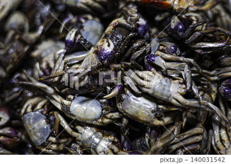 Salted Rice Field Crabs For Sale At A Fresh Food Market. Close up of preserved crabs in a pile at a local asian market, perfect for traditional cuisine, street food and seafood industry themes. Salted Rice Field Crabs For Sale At A Fresh Food Market. Close up of preserved crabs in a pile at a local asian market, perfect for traditional cuisine, street food and seafood industry themes. 140031542