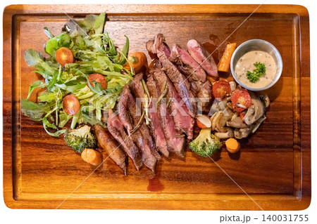 Top view of Tajima Wagyu Picanha Medium rare with mushroom sauce, focus selective Top view of Tajima Wagyu Picanha Medium rare with mushroom sauce, focus selective 140031755