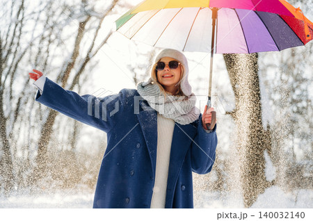 Woman in winter coat and scarf holding colorful umbrella in snowy forest, sunlight filtering through trees, creating a magical winter atmosphere Woman in winter coat and scarf holding colorful umbrella in snowy forest, sunlight filtering through trees, creating a magical winter atmosphere 140032140