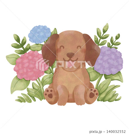 Cute Dachshund Watercolor Clipart Bundle, Kawaii Sausage Dog PNG, Floral Puppy Illustration Set 140032552