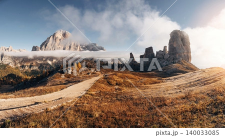 Great autumn view of the top Tofana di Rozes and Cinque Torri range in Dolomites, South Tyrol. Location Cortina d'Ampezzo, Italy, Europe. Beauty of mountains world. Great autumn view of the top Tofana di Rozes and Cinque Torri range in Dolomites, South Tyrol. Location Cortina d'Ampezzo, Italy, Europe. Beauty of mountains world. 140033085