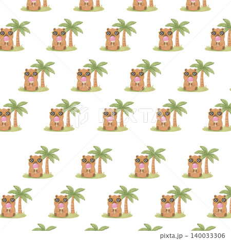 Cute Capybara Summer Pattern Bundle, Kawaii Watercolor Seamless Pattern PNG, Tropical Animal Illustration Set 140033306