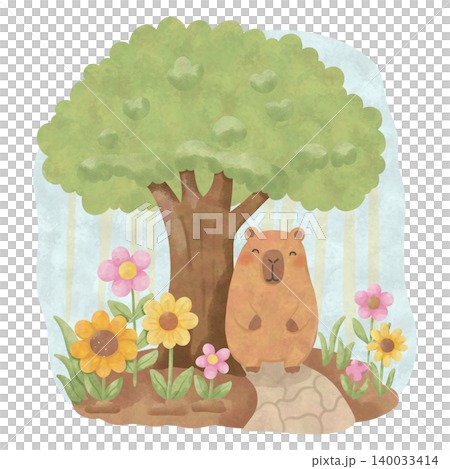 Cute Capybara Summer Pattern Bundle, Kawaii Watercolor Seamless Pattern PNG, Tropical Animal Illustration Set 140033414