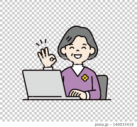 ノートパソコンの前でOKのハンドサインをする、シニア世代の女性の上半身ベクターイラスト素材 ノートパソコンの前でOKのハンドサインをする、シニア世代の女性の上半身ベクターイラスト素材 140033419