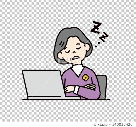 Vector illustration of a grandmother dozing off while sitting in front of a computer. Vector illustration of a grandmother dozing off while sitting in front of a computer. 140033420