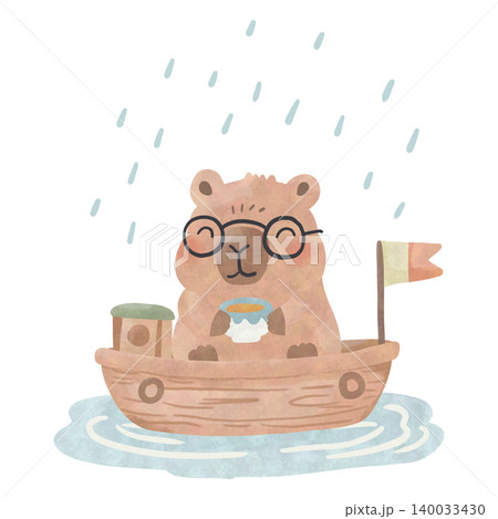 Cute Capybara Rainy Day Watercolor Clipart Bundle, Kawaii Cozy Animal PNG, Umbrella and Rain Illustration Set 140033430