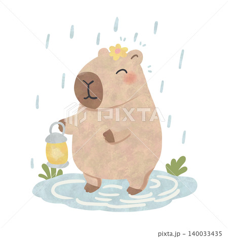 Cute Capybara Rainy Day Watercolor Clipart Bundle, Kawaii Cozy Animal PNG, Umbrella and Rain Illustration Set 140033435