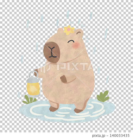Cute Capybara Rainy Day Watercolor Clipart Bundle, Kawaii Cozy Animal PNG, Umbrella and Rain Illustration Set 140033435