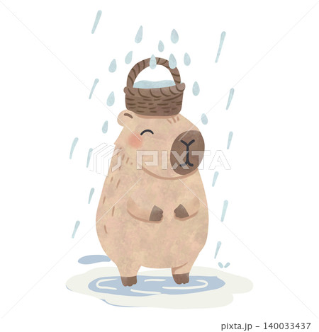 Cute Capybara Rainy Day Watercolor Clipart Bundle, Kawaii Cozy Animal PNG, Umbrella and Rain Illustration Set 140033437