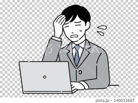 パソコンを見て頭を抱えるスーツ姿の若い男性のイラスト モノトーン パソコンを見て頭を抱えるスーツ姿の若い男性のイラスト モノトーン 140033687