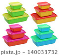 Stacked plastic food storage containers with black lids, isolated on white background, concept of organized storage 140033732