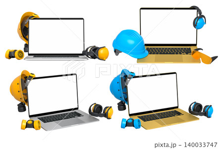 Laptops with blank screens surrounded by construction helmets, respirators and earmuffs on white background with clipping path Laptops with blank screens surrounded by construction helmets, respirators and earmuffs on white background with clipping path 140033747