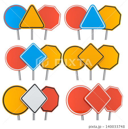 Blank traffic signs with different shapes and colors on metal poles on white background with clipping path, concept of road safety 140033748
