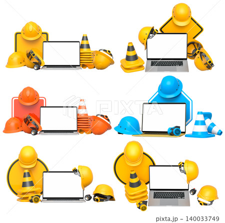 Laptops with blank screens surrounded by construction helmets, cones and warning signs on white background with clipping path Laptops with blank screens surrounded by construction helmets, cones and warning signs on white background with clipping path 140033749