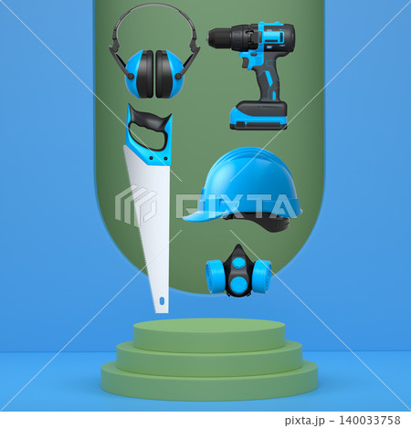 Construction tools and safety equipment floating over podium on abstract background, industrial work and protection concept 140033758