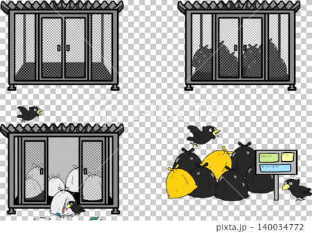 A set of illustrations showing crow damage to garbage collection points and garbage bags. A set of illustrations showing crow damage to garbage collection points and garbage bags. 140034772