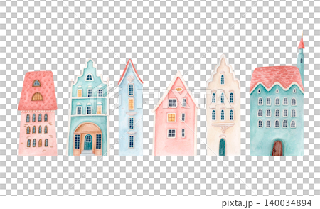 Hand drawn watercolor Christmas town houses isolated illustration. Festive European architecture clipart collection. Hand drawn watercolor Christmas town houses isolated illustration. Festive European architecture clipart collection. 140034894