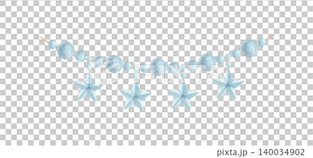 Hand drawn winter watercolor pearl garland with gold hanging stars isolated illustration. Christmas beads decoration. Hand drawn winter watercolor pearl garland with gold hanging stars isolated illustration. Christmas beads decoration. 140034902