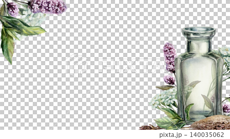 Apothecary bottle watercolor illustration template. Diagonal mint and yarrow border with copy space for refreshing pharmacy packaging design, organic cosmetics branding web header, 16:9 format Apothecary bottle watercolor illustration template. Diagonal mint and yarrow border with copy space for refreshing pharmacy packaging design, organic cosmetics branding web header, 16:9 format 140035062