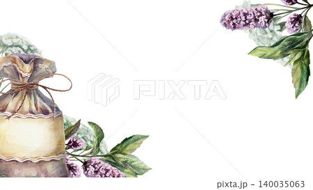 Apothecary sachet bag watercolor illustration template. Diagonal mint and yarrow border with copy space for traditional pharmacy packaging design, organic tea branding web header, 16:9 format Apothecary sachet bag watercolor illustration template. Diagonal mint and yarrow border with copy space for traditional pharmacy packaging design, organic tea branding web header, 16:9 format 140035063