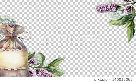 Apothecary sachet bag watercolor illustration template. Diagonal mint and yarrow border with copy space for traditional pharmacy packaging design, organic tea branding web header, 16:9 format Apothecary sachet bag watercolor illustration template. Diagonal mint and yarrow border with copy space for traditional pharmacy packaging design, organic tea branding web header, 16:9 format 140035063