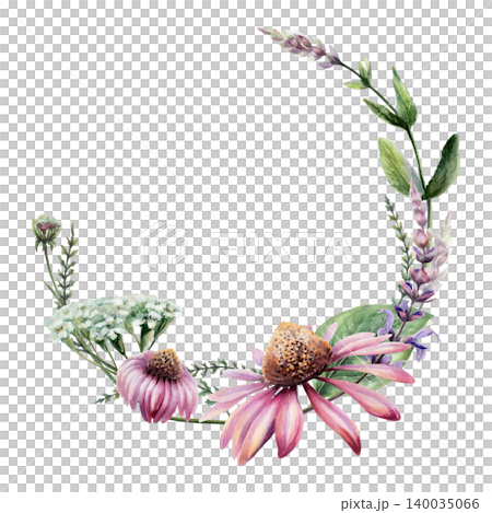 Echinacea, sage and yarrow wreath watercolor illustration template. Floral herbs frame with copy space for organic pharmacy branding, natural cosmetics label design, wellness greeting card Echinacea, sage and yarrow wreath watercolor illustration template. Floral herbs frame with copy space for organic pharmacy branding, natural cosmetics label design, wellness greeting card 140035066