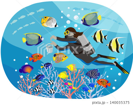 ダイバーと海水魚のクリップアート 140035375