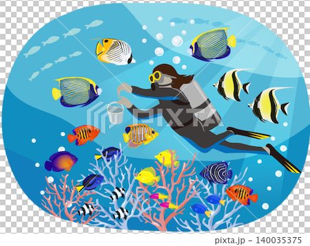 ダイバーと海水魚のクリップアート 140035375