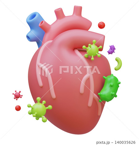 3D Illustration of Human Heart Organ with Bacteria and Virus Infection 140035626