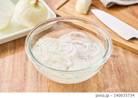 新玉ねぎのスライスをガラスボウルで水にさらす調理工程 新玉ねぎのスライスをガラスボウルで水にさらす調理工程 140035734