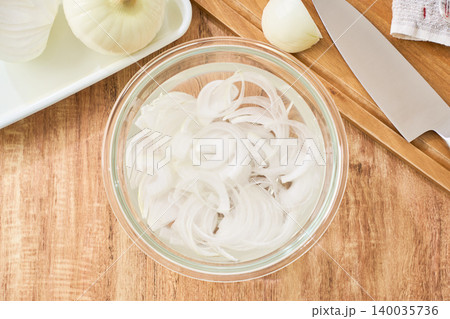 新玉ねぎのスライスをガラスボウルで水にさらす調理工程 新玉ねぎのスライスをガラスボウルで水にさらす調理工程 140035736