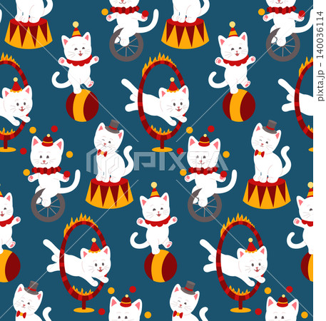 Vector seamless pattern with cute circus cats in a childish flat style. Festival texture with playful kittens performing acrobats Vector seamless pattern with cute circus cats in a childish flat style. Festival texture with playful kittens performing acrobats 140036114