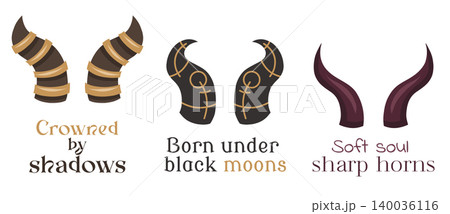 Vector set of devil horns with mystic quotes. Collection of magical fantasy horns and typography. Halloween clip art set. Vector set of devil horns with mystic quotes. Collection of magical fantasy horns and typography. Halloween clip art set. 140036116
