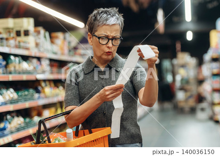 Mature woman with short gray hair wearing glasses examines shopping receipt while holding an orange basket in a grocery store aisle filled with products 140036150