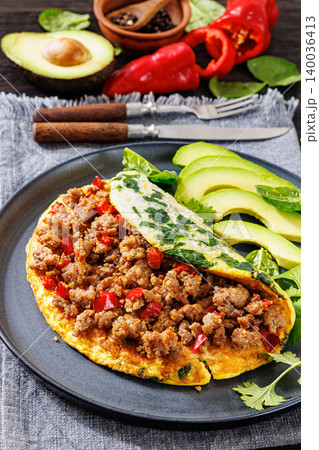Folded Omelet Stuffed With Ground Beef And Pepper Folded Omelet Stuffed With Ground Beef And Pepper 140036413