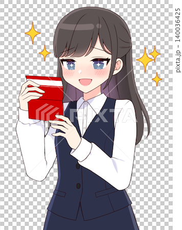一位長髮飄飄的白領女士看到自己的存摺欣喜不已。 140036425