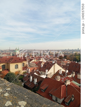 Prague Cityscape Aerial View of Red Roofs Historic Mala Strana District Czech Republic 140037050