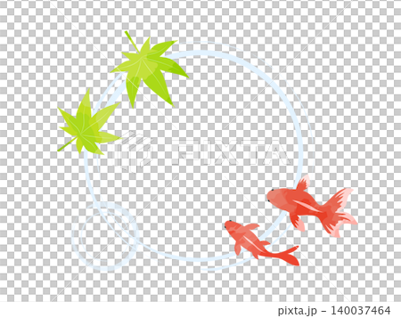 一幅時尚的日式邊框插畫，描繪了兩條水彩風格的金魚和一片藍色的楓葉依偎在一起，形成圓形波紋圖案。 140037464