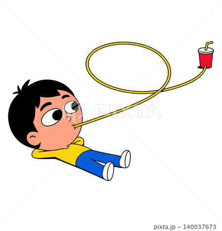 Cartoon Boy Drinking with a Long Straw Cartoon Boy Drinking with a Long Straw 140037673