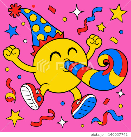 Cartoon Character Celebrating with Party Hat and Horn 140037741