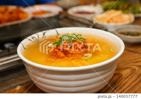 Bowl of Spicy Corn Noodle Soup at Asian Barbecue Restaurant Bowl of Spicy Corn Noodle Soup at Asian Barbecue Restaurant 140037777