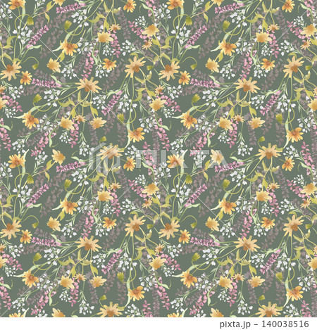 Vibrant wildflowers drawing seamless pattern. Yellow and pink loose watercolor floral repeat design on dark background. Botanical textile print for wrapping paper, wallpaper or fabric decoration. Vibrant wildflowers drawing seamless pattern. Yellow and pink loose watercolor floral repeat design on dark background. Botanical textile print for wrapping paper, wallpaper or fabric decoration. 140038516