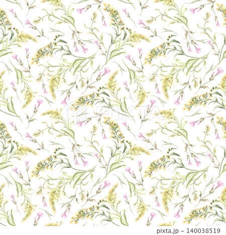 Watercolor seamless pattern with wildflower meadow grass and pink blossoms. Spring floral background. Summer fresh botanical repeat for textile design. Neutral beauty flowers print hand painted. Watercolor seamless pattern with wildflower meadow grass and pink blossoms. Spring floral background. Summer fresh botanical repeat for textile design. Neutral beauty flowers print hand painted. 140038519